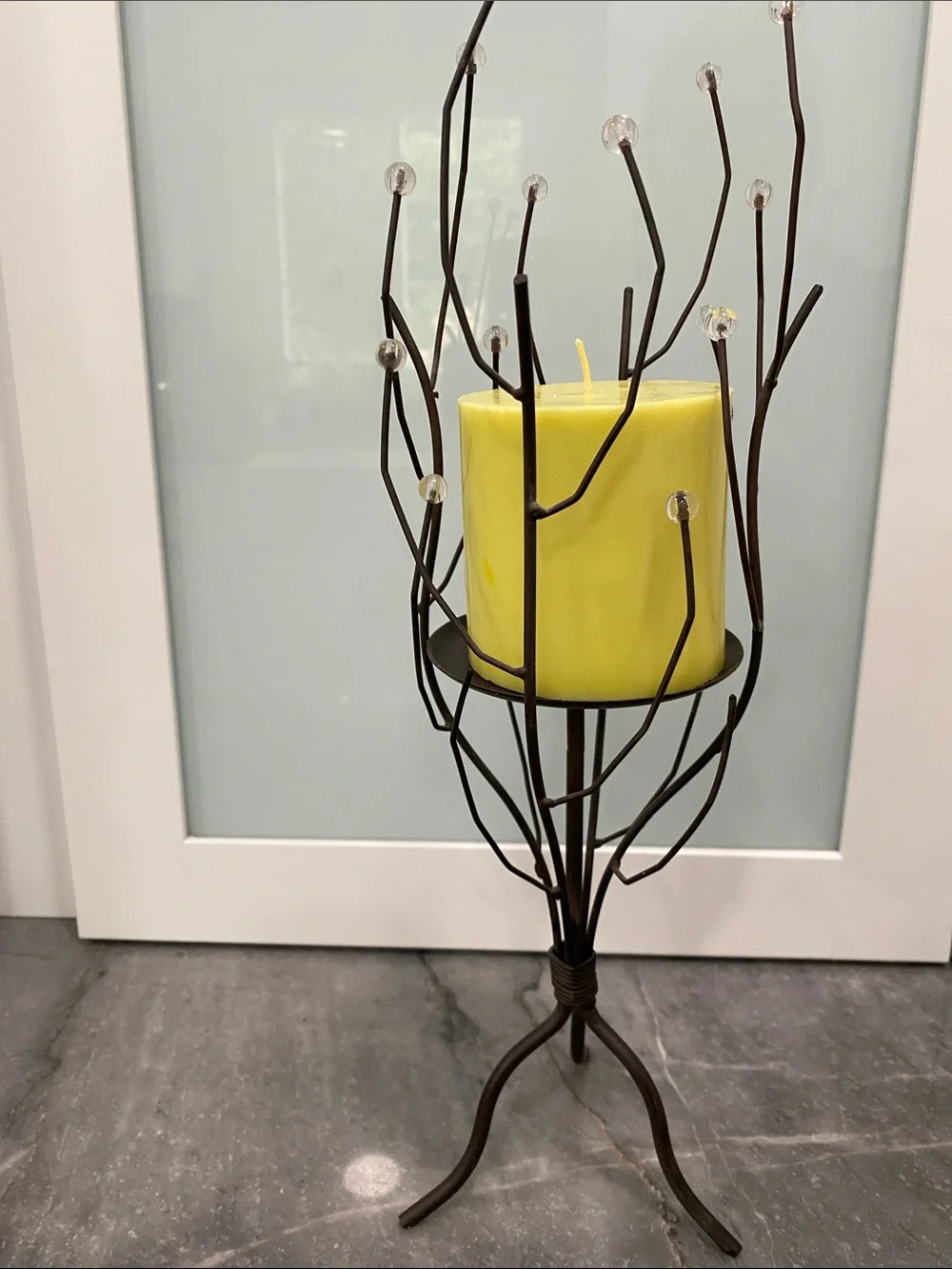Yellow Pillar Candle in Decorative Metal Branch Holder